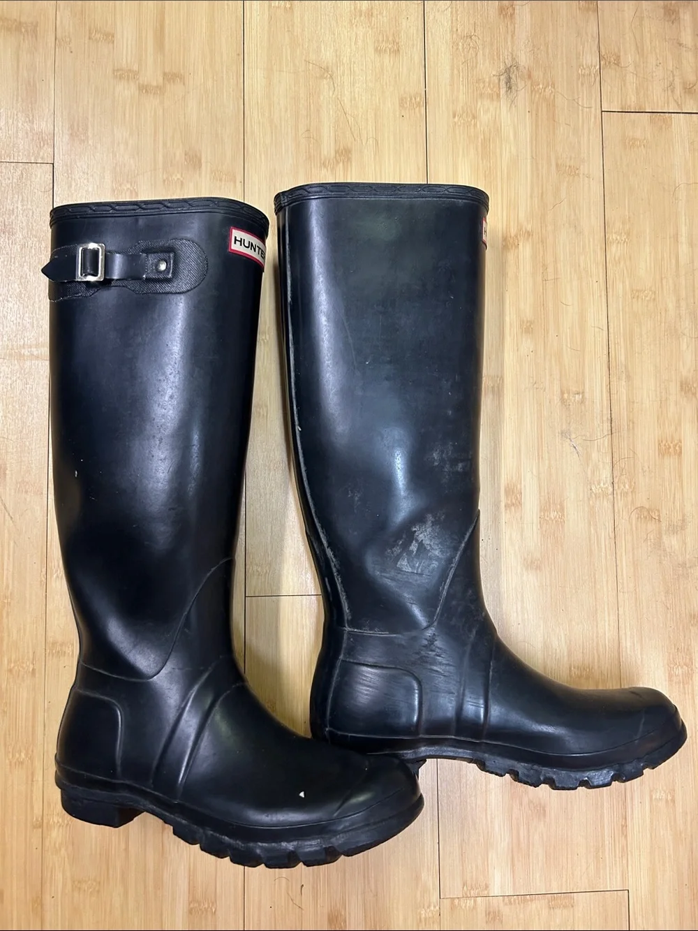 Hunter Black Tall Rain Boots with Side Buckle